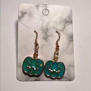 Teal Pumpkin Dangle Earrings with Gold Stars